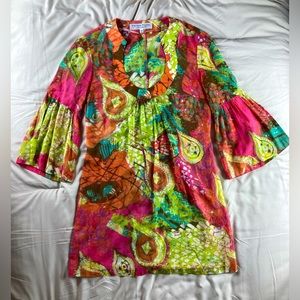 Sheer paisley Trina Turk dress! Circular flounce sleeve and horseshoe neck!